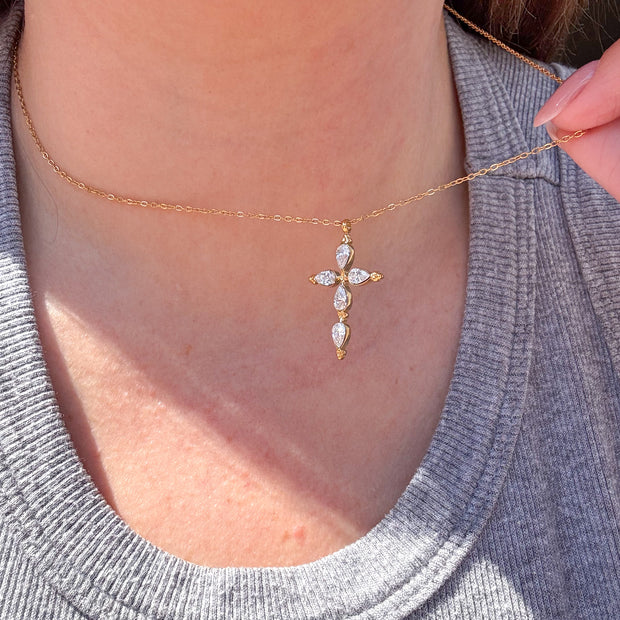 Golden Crystal Cross Steel Necklace