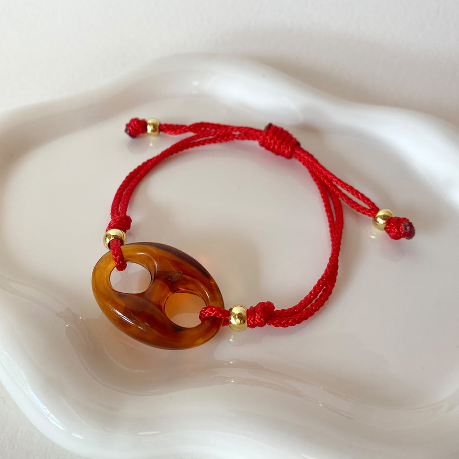 Brown Big Coffee Grain Charm in Red Adjustable Thread Bracelet