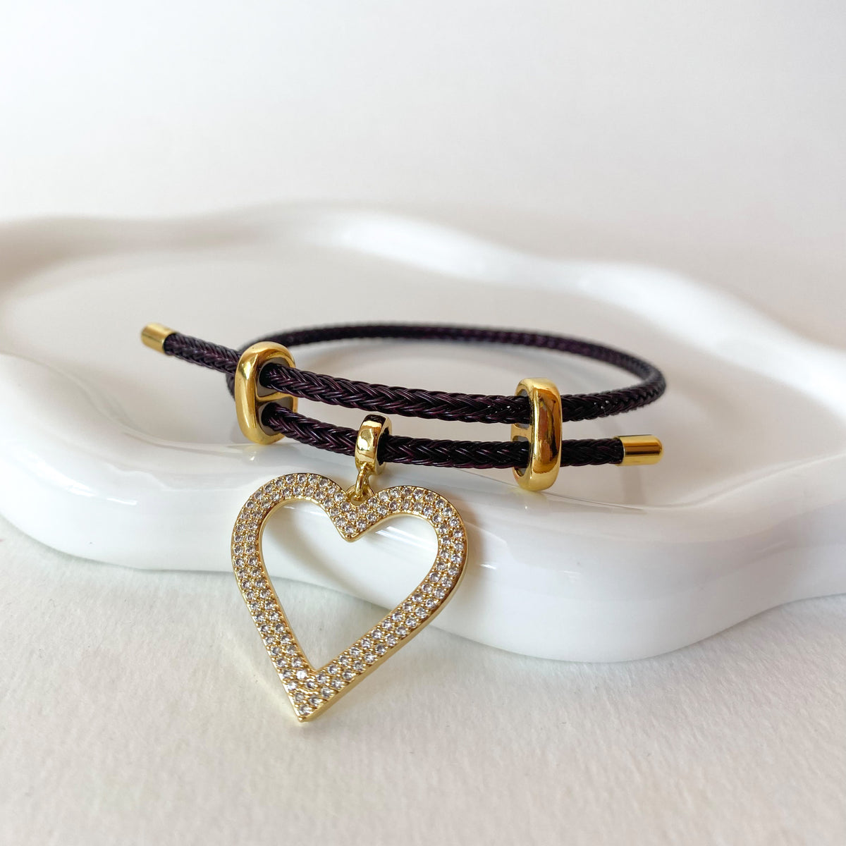 Dark Brown Cord with Shiny Heart Adjustable Bracelet