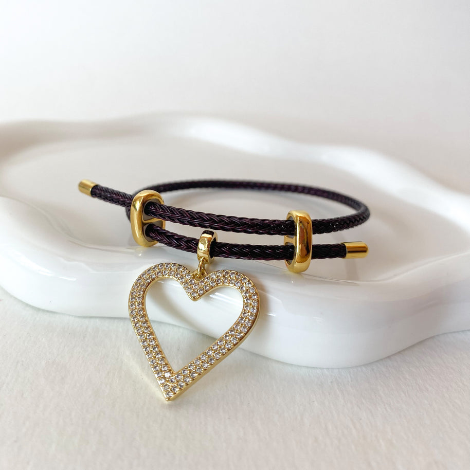 Dark Brown Cord with Shiny Heart Adjustable Bracelet