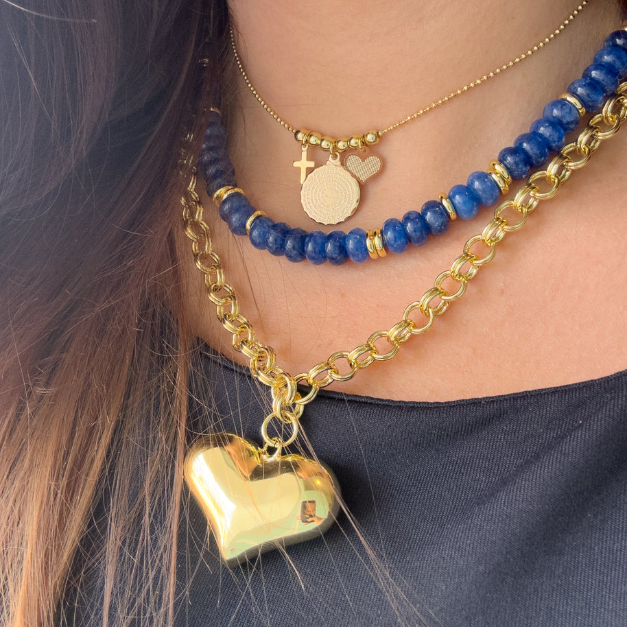 Blue Morganite Beads Necklace or Big Golden Heart Necklace