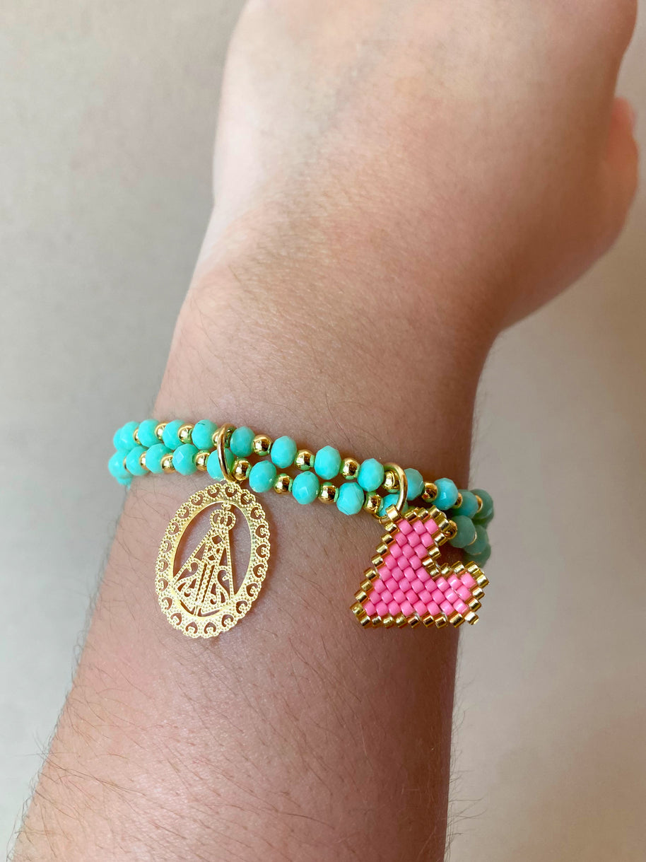 Virgin of the Valley Heart Miyuki Aquamarine Elastic Bracelet