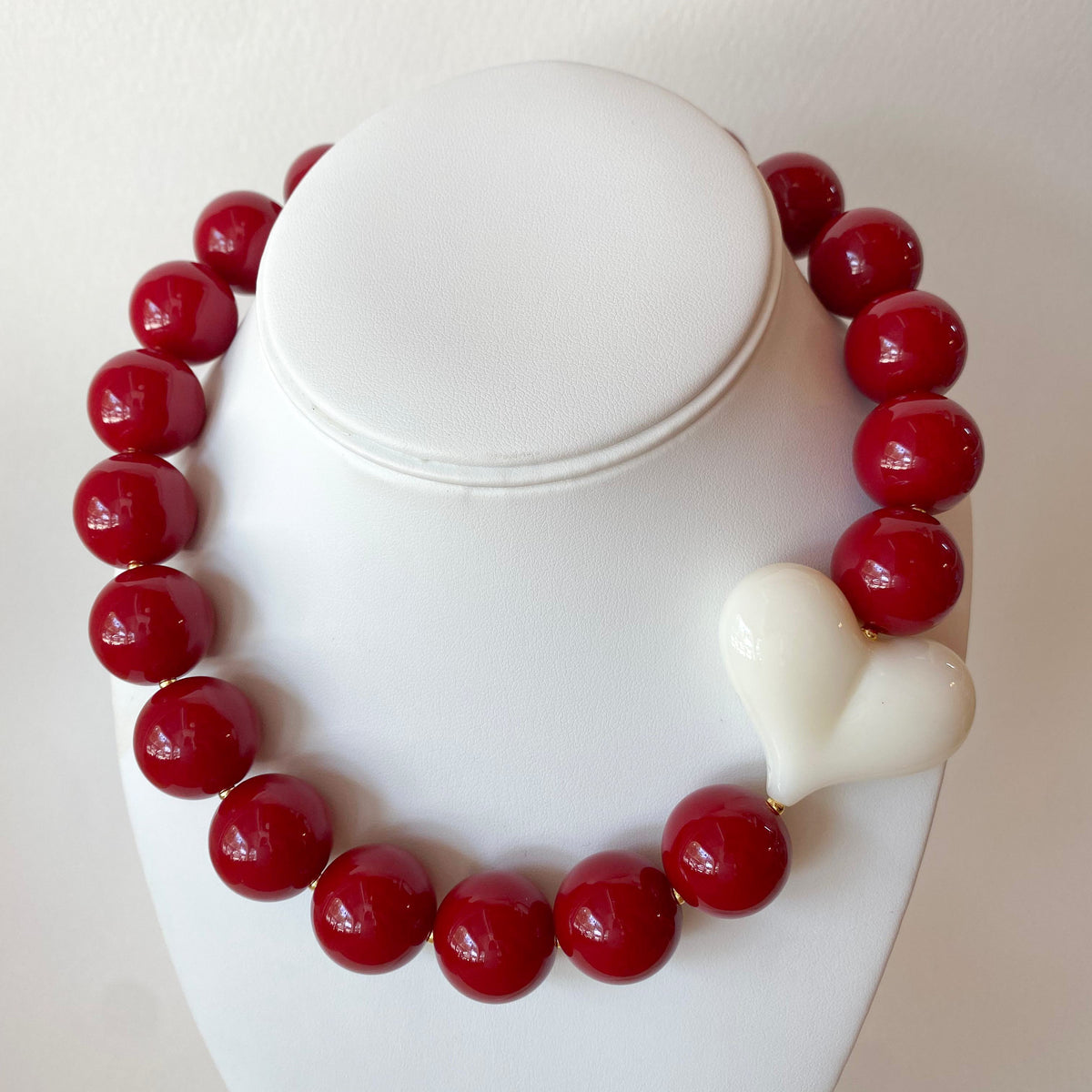 Acrylic Red Wine Gumball Bead with White Heart Necklace