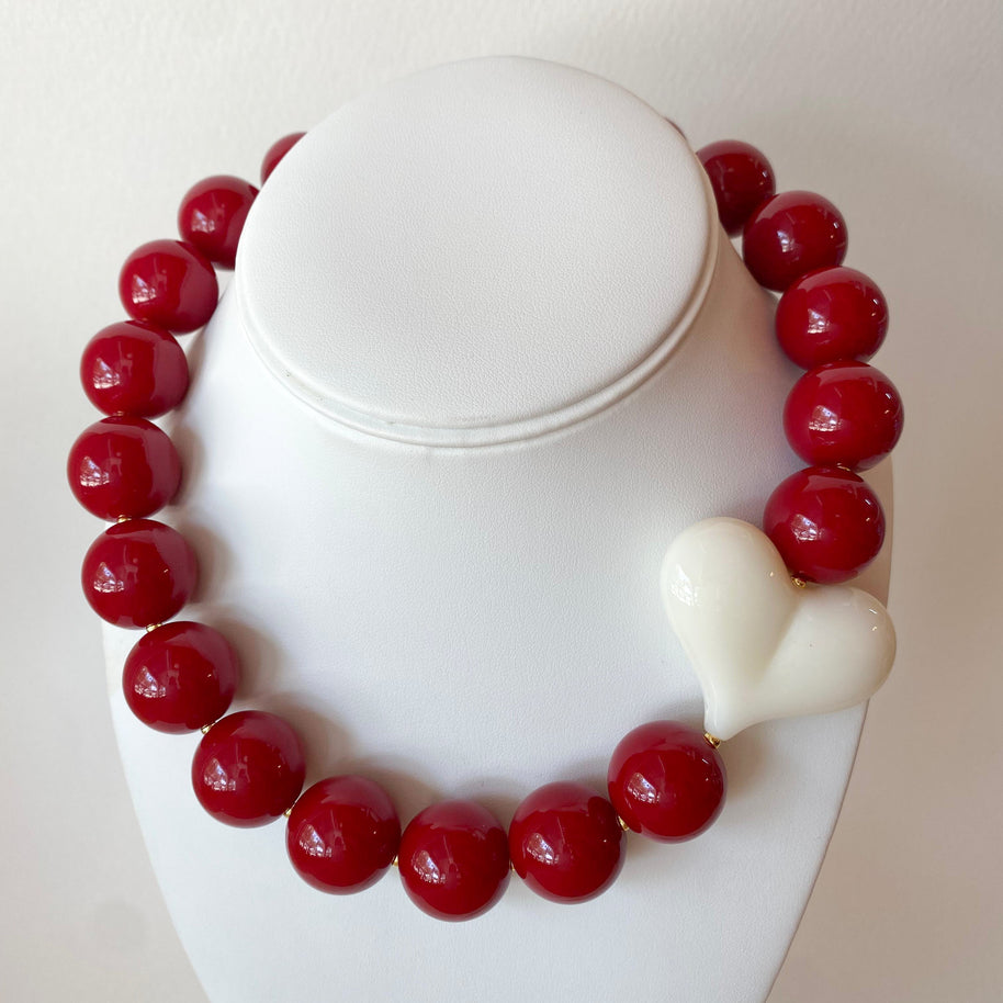 Acrylic Red Wine Gumball Bead with White Heart Necklace