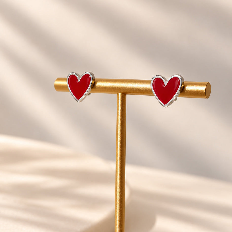 Silver and Red Heart Steel Earrings