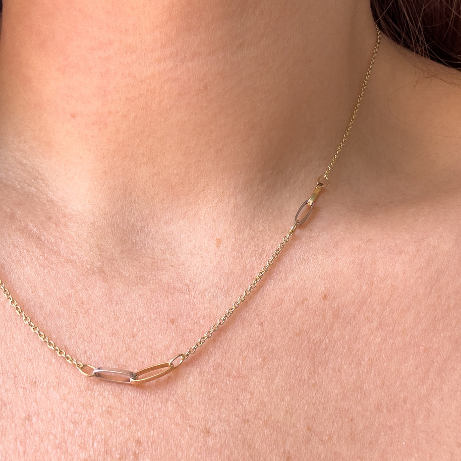 Gold and Silver PaperClip Station Chain 14k Solid Gold Necklace