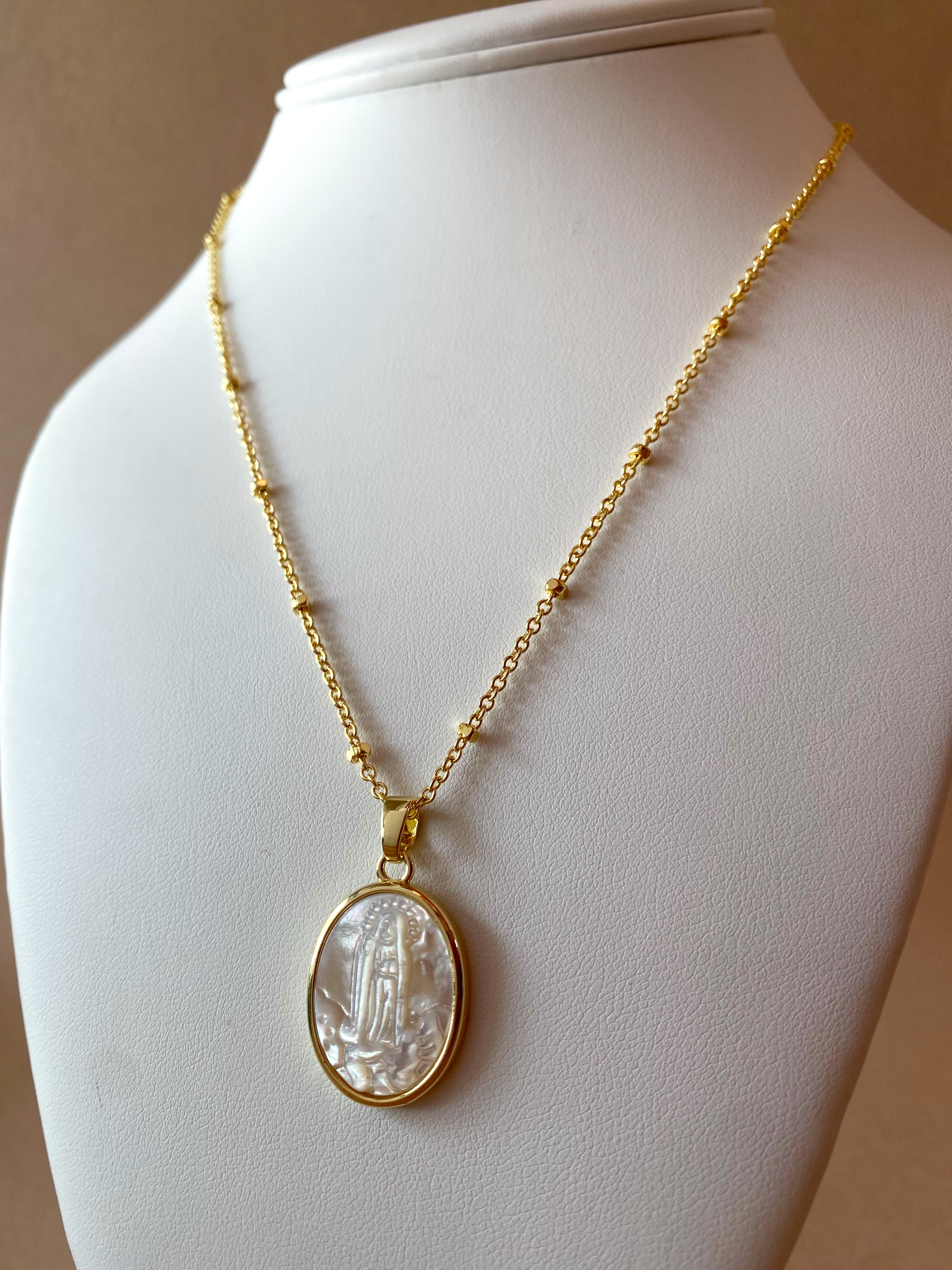 Fatima Virgin Mother of Pearl Oval Medal Necklace