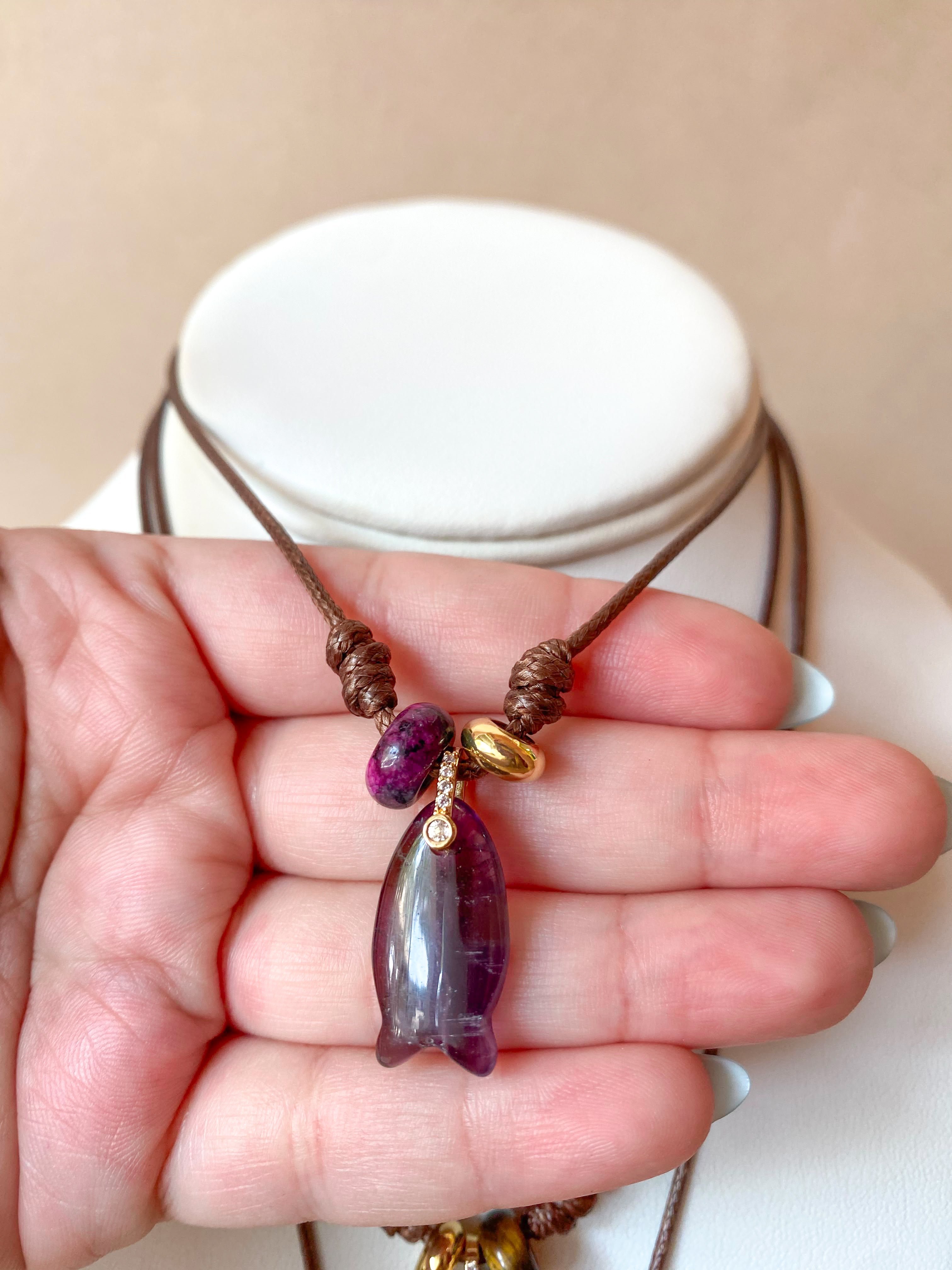Gemstones Fish Charms and Turkish Leather Necklace