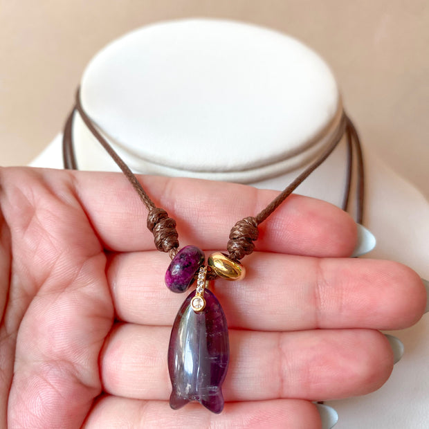 Gemstones Fish Charms and Turkish Leather Necklace