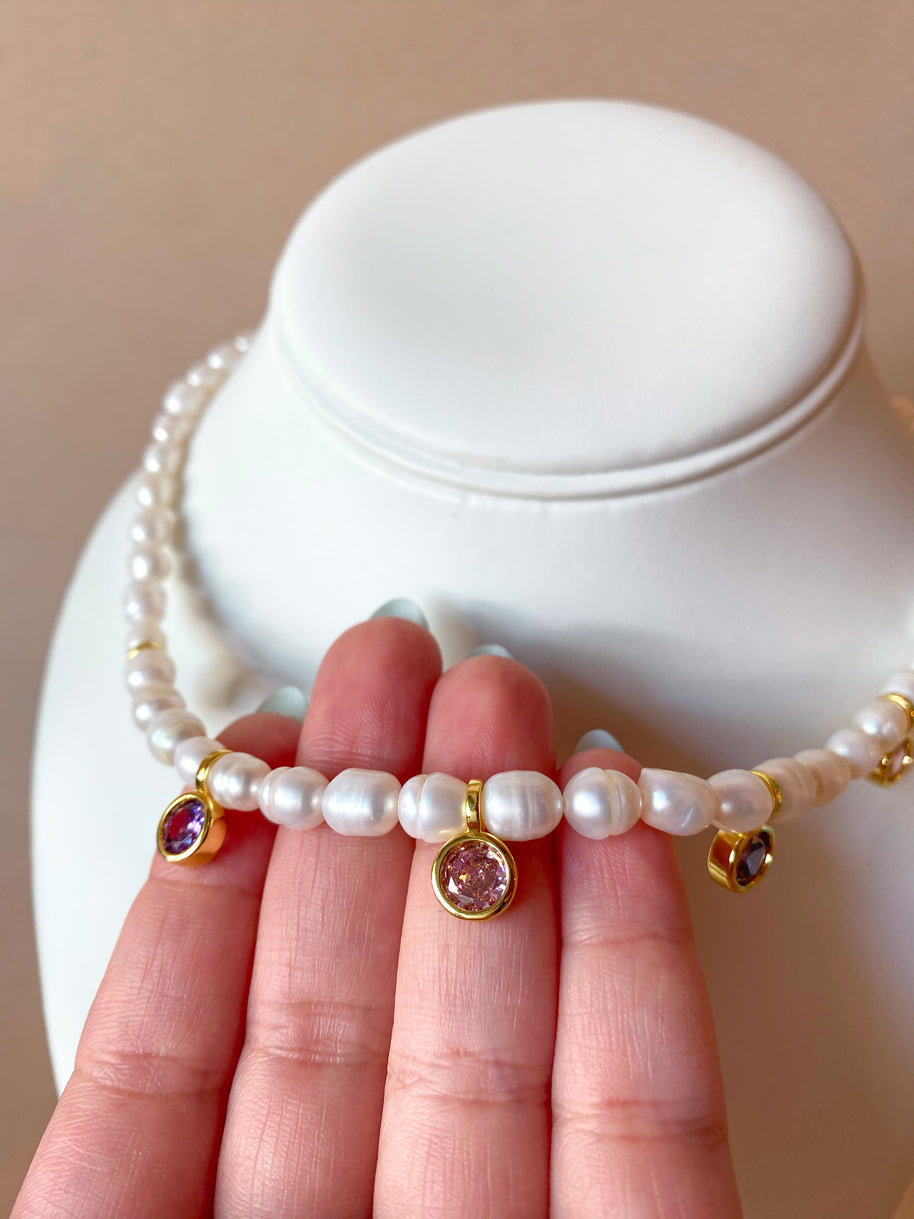 Pearls, Purple and Pink Crystals Necklace