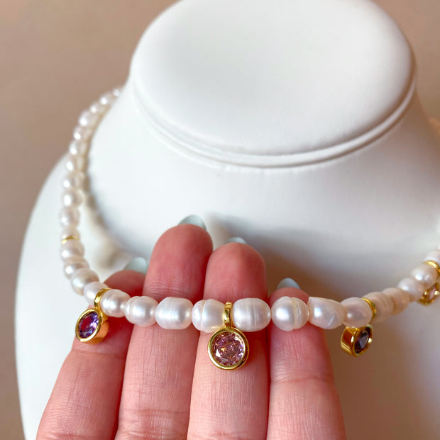 Pearls, Purple and Pink Crystals Necklace
