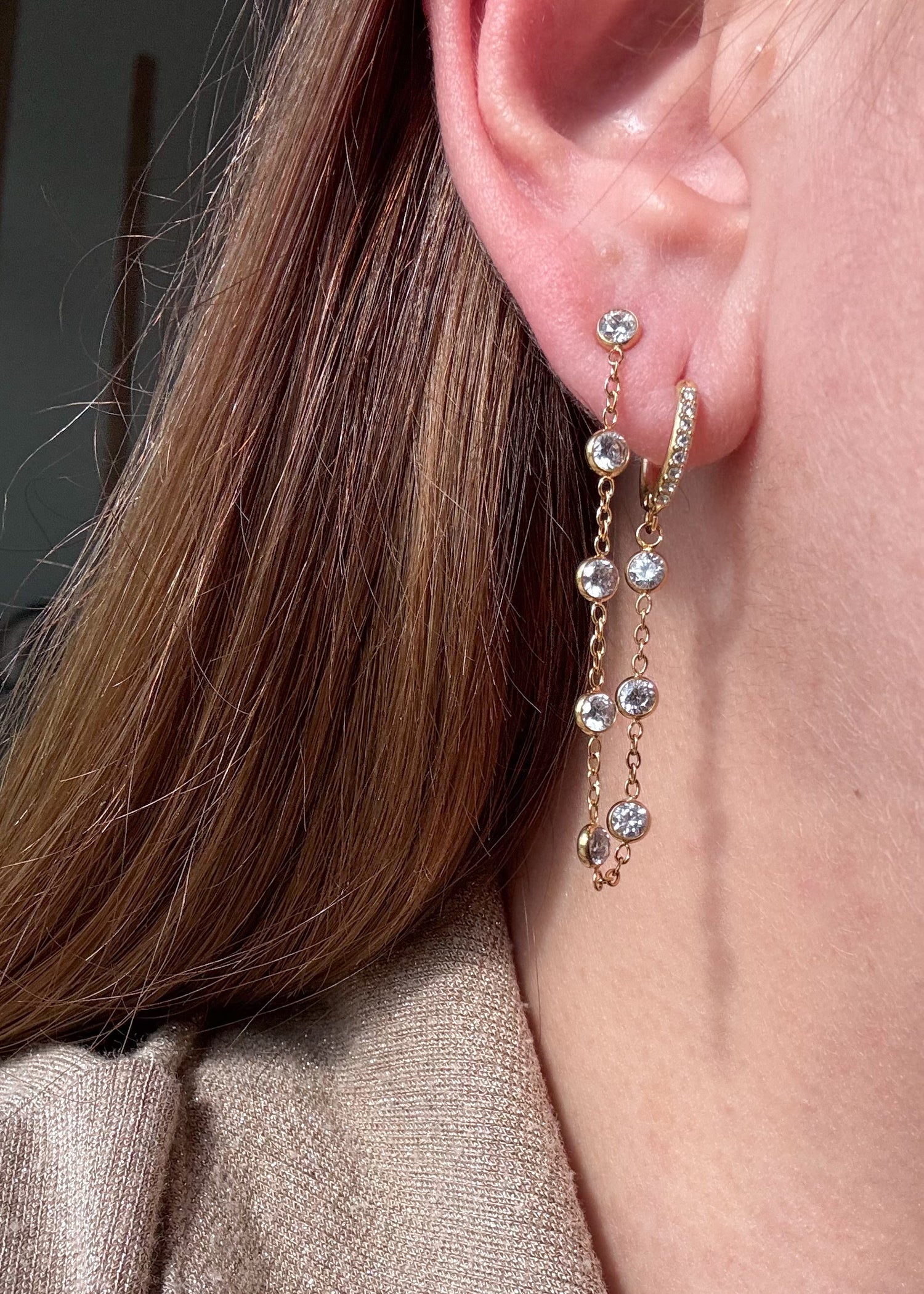 Large 2 Hoops Style Crystal Clear Steel Earrings