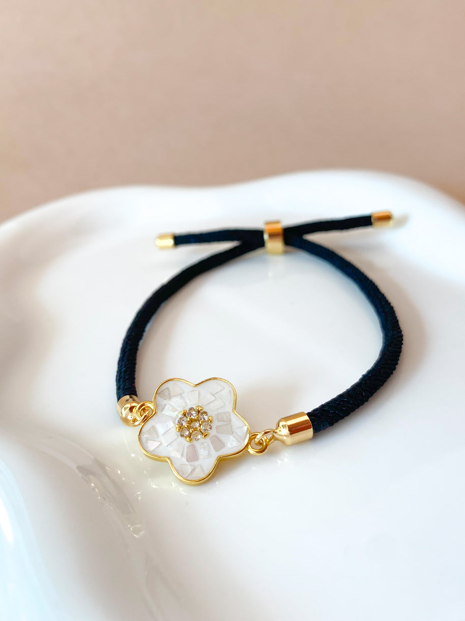 White Flower Black Adjustable Bracelet
