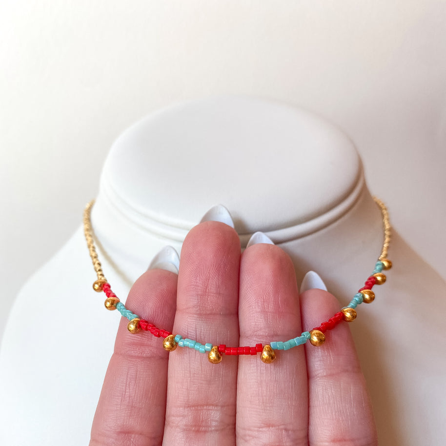 Red and Turquoise Blue Golden Miyuki Choker Necklace