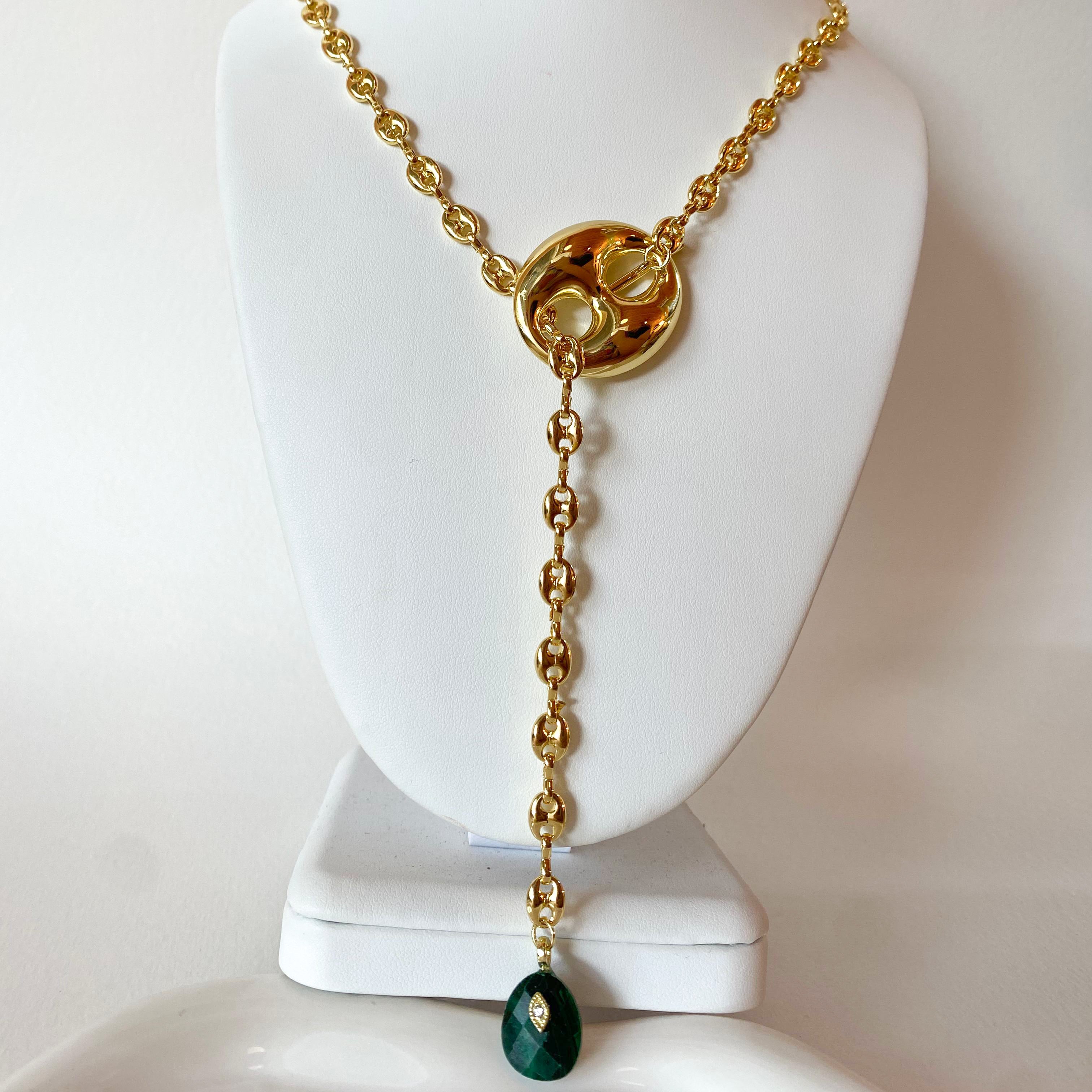 Coffee Grain & Green Bead Long Y Necklace