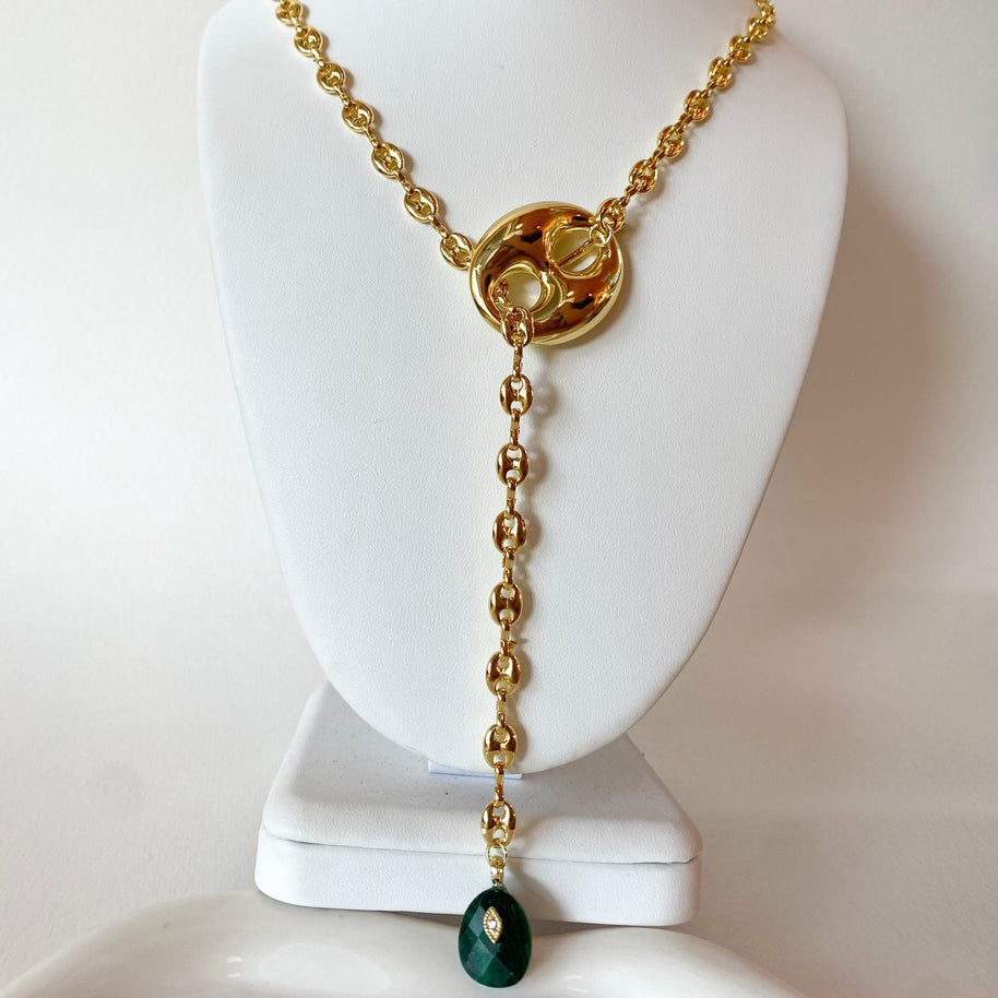 Coffee Grain & Green Bead Long Y Necklace