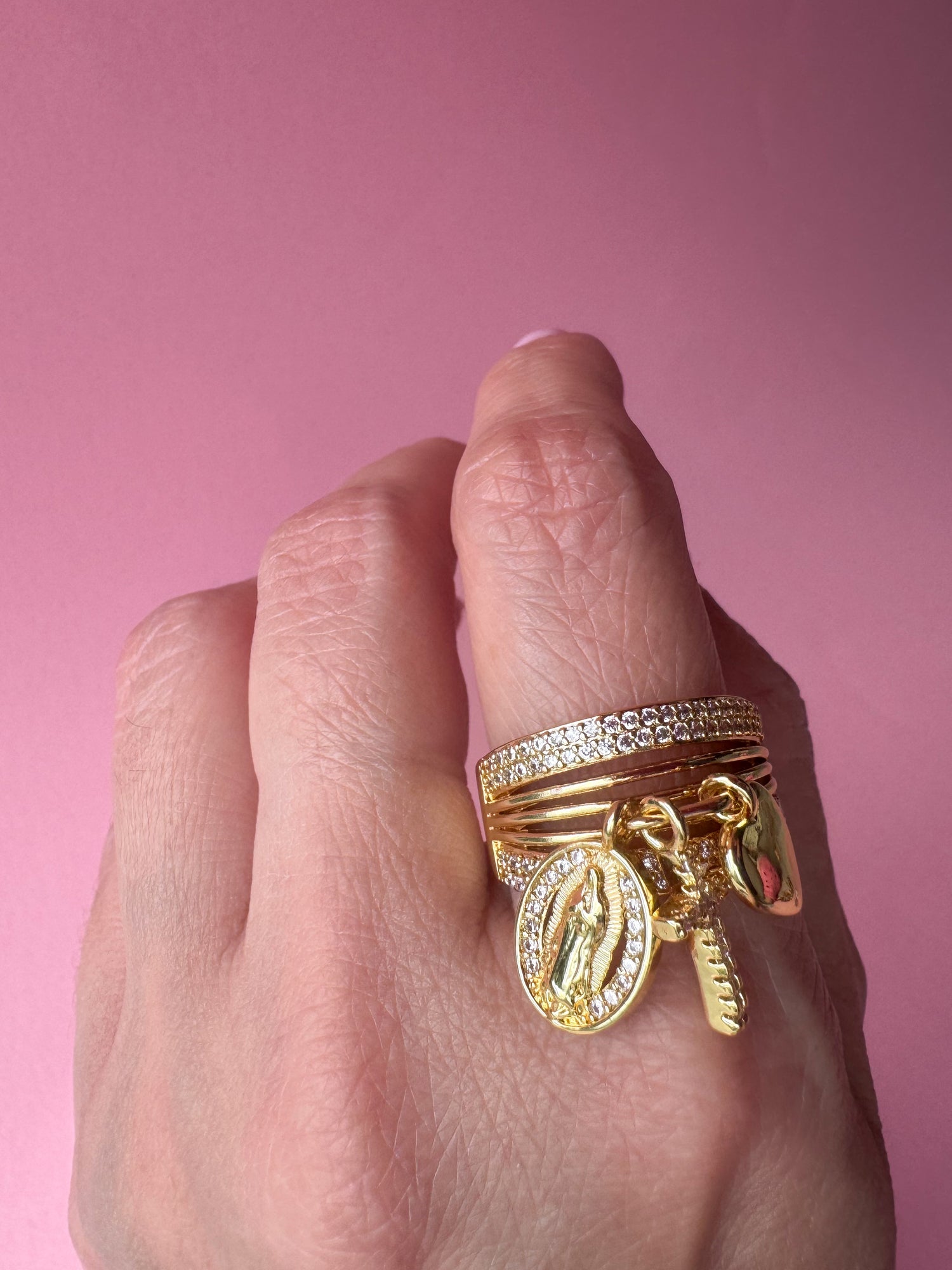 Guadalupe Style Cross and Heart Ring