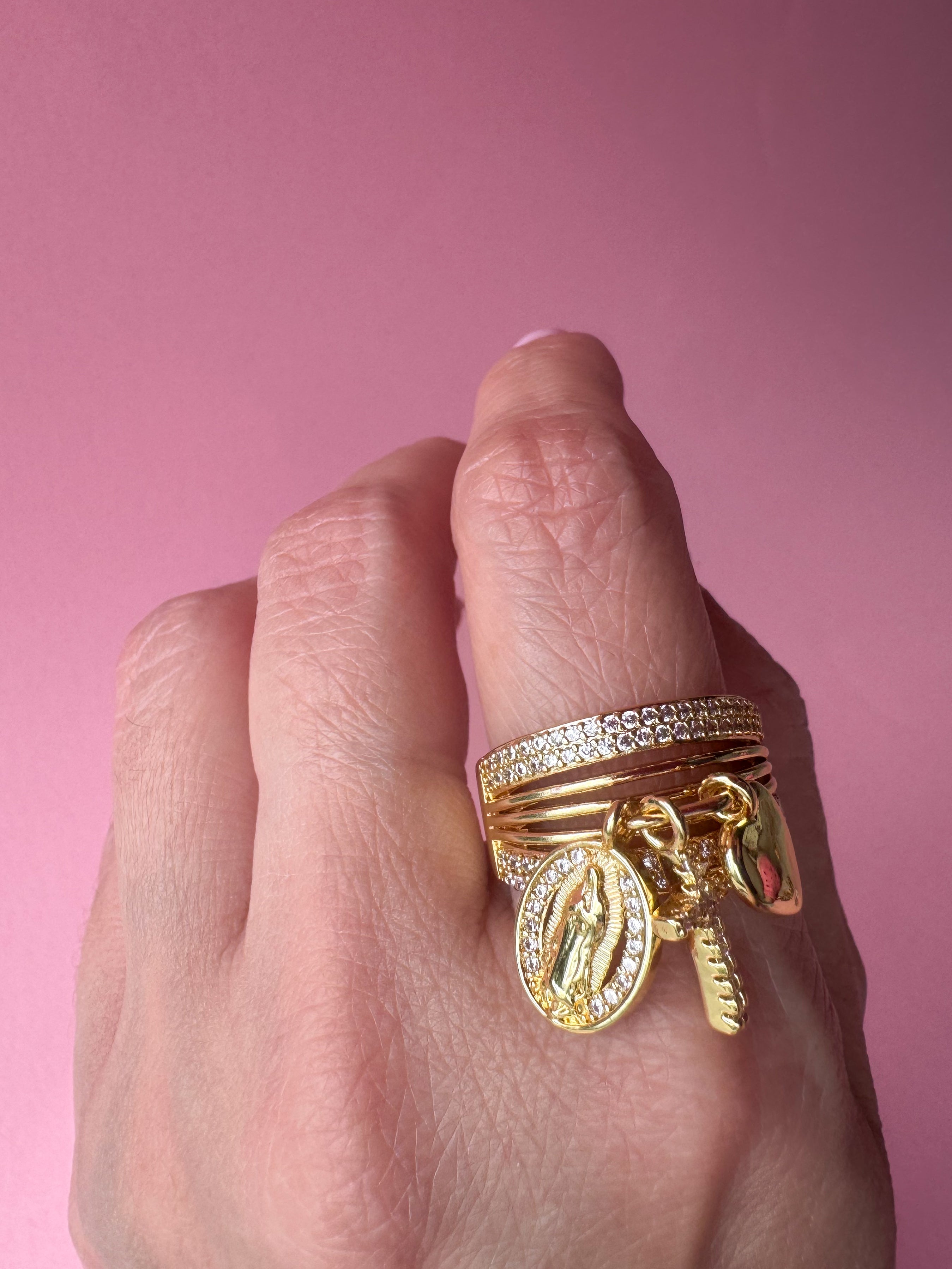 Guadalupe Style Cross and Heart Ring