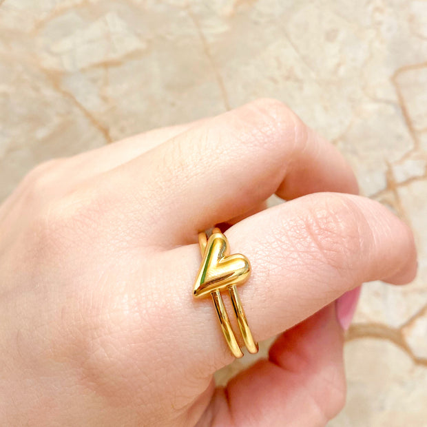 Ring 2 Rows Heart Gold