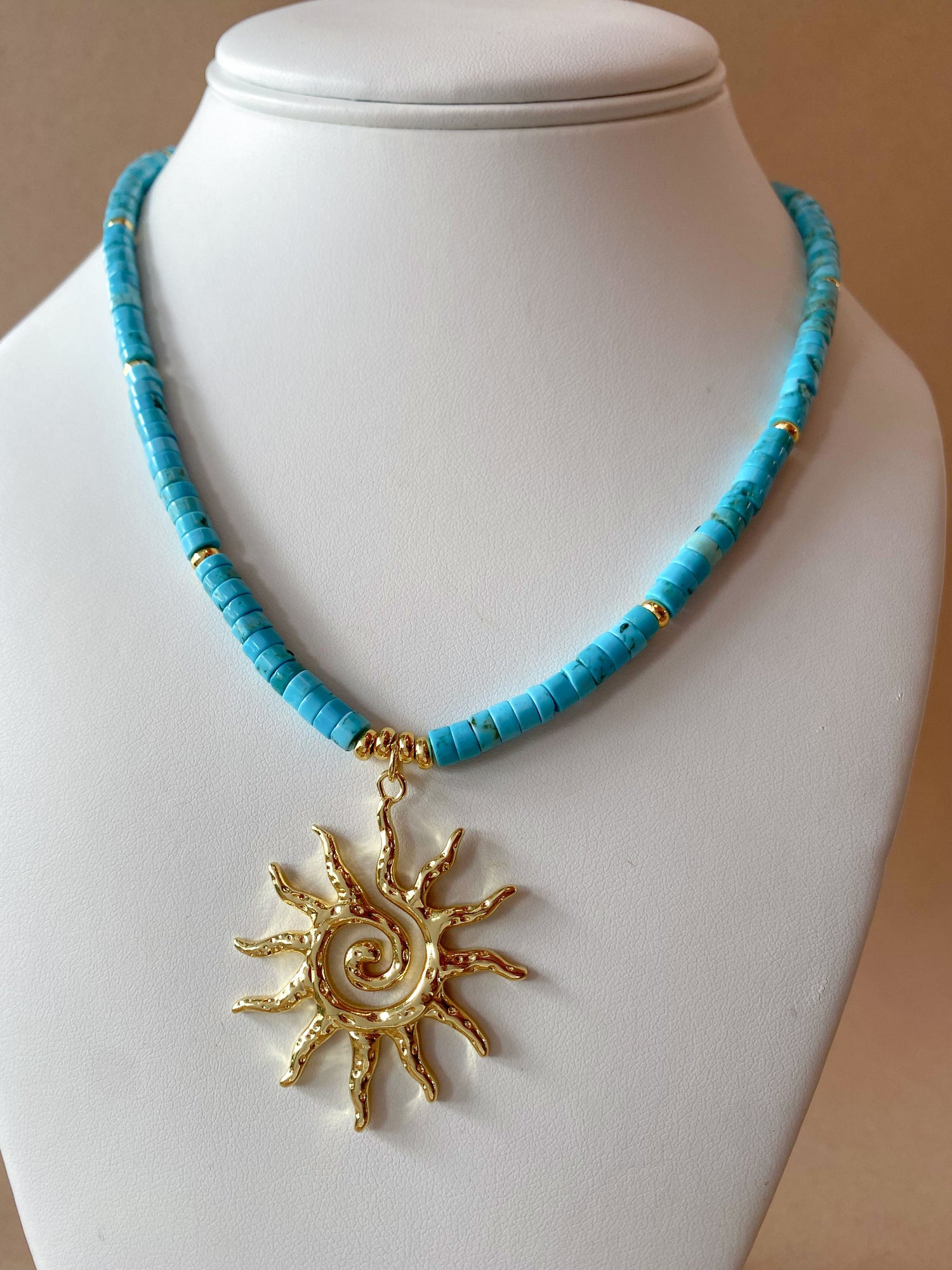 Big Golden Sun Charm in a Turquoise Agata Necklace