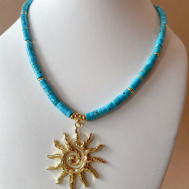 Big Golden Sun Charm in a Turquoise Agata Necklace