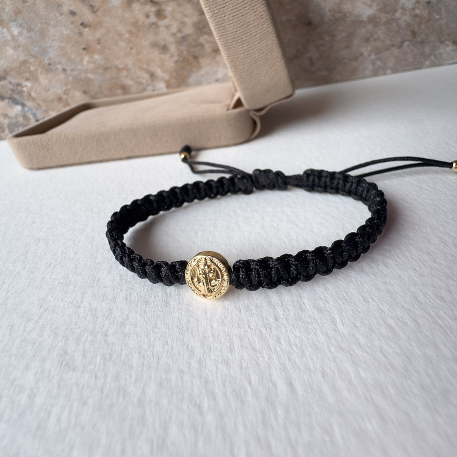 St. Benedict Solitary 18K Solid Gold Medal in Black String Bracelet