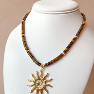 Tiger Eye Gemstone Big Sun Necklace