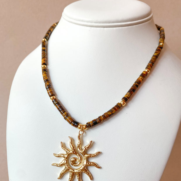 Tiger Eye Gemstone Big Sun Necklace