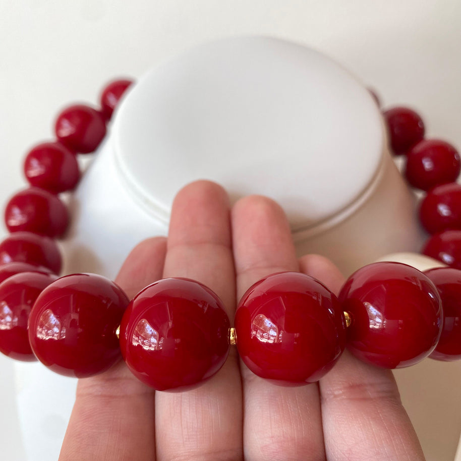 Acrylic Red Wine Gumball Bead with White Heart Necklace