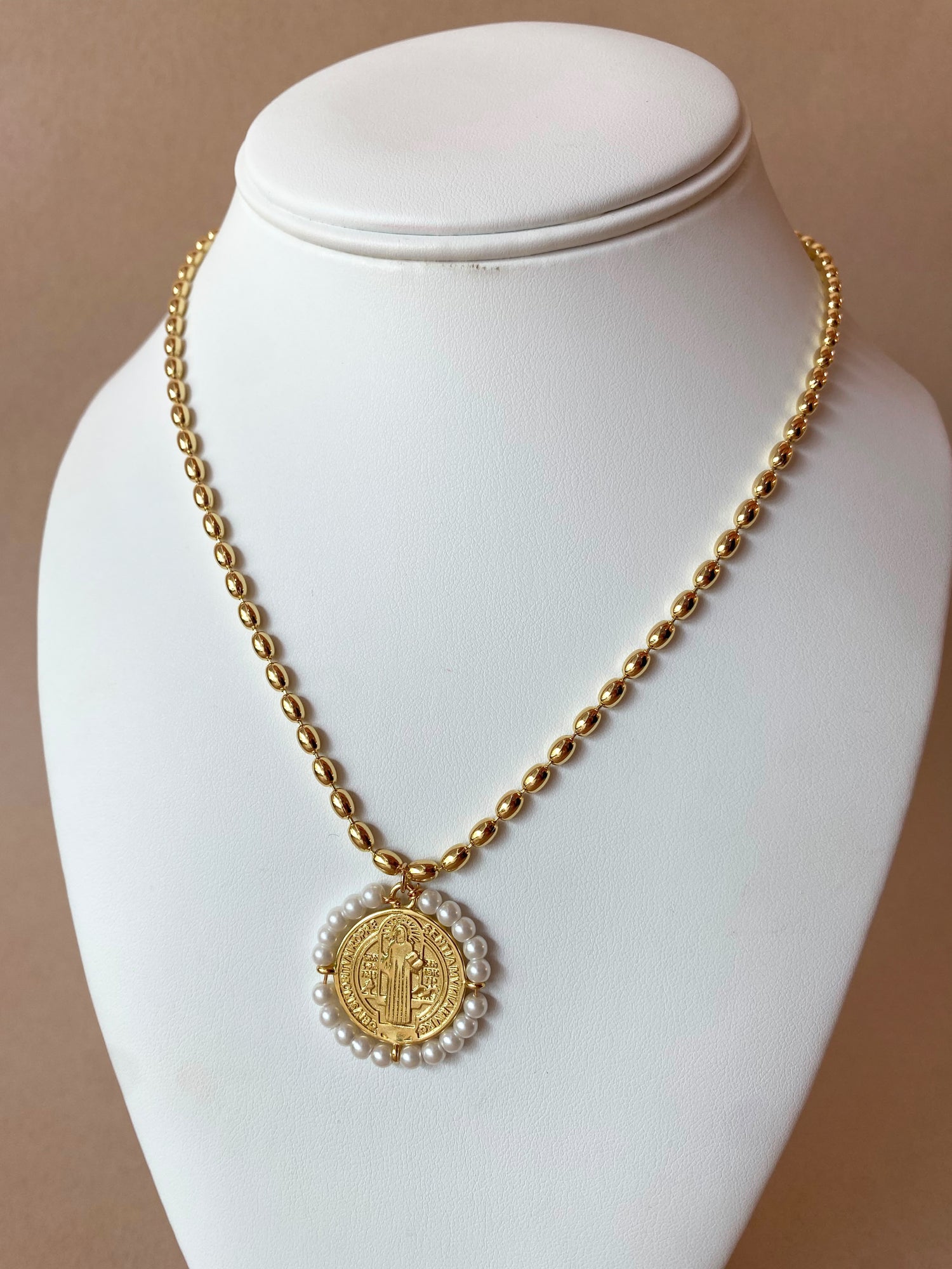 St Benedict Golden and Pearl Medal Necklace