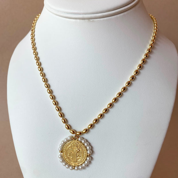 St Benedict Golden and Pearl Medal Necklace