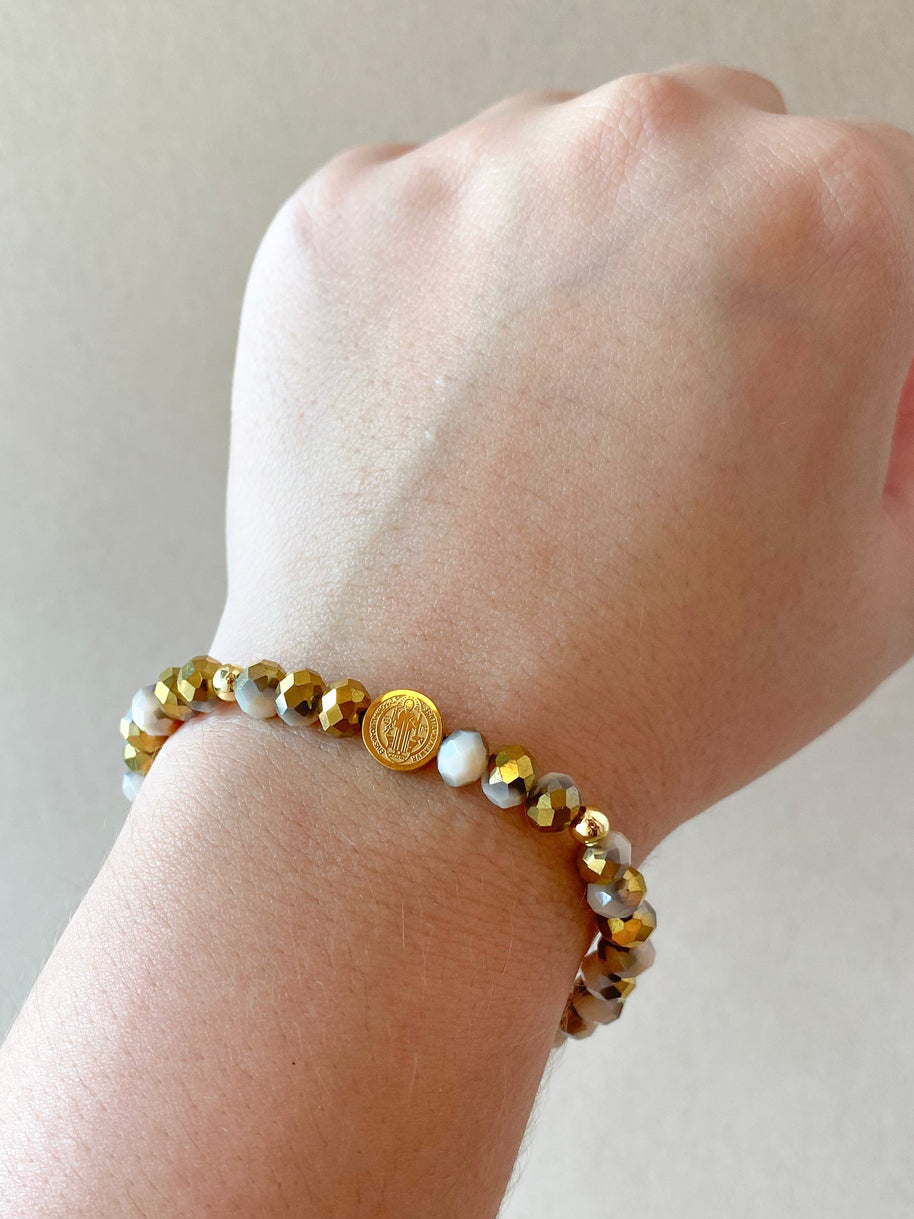 Elastic Crystal Blue, Turquoise and Brown Steel St. Benedict Bracelets