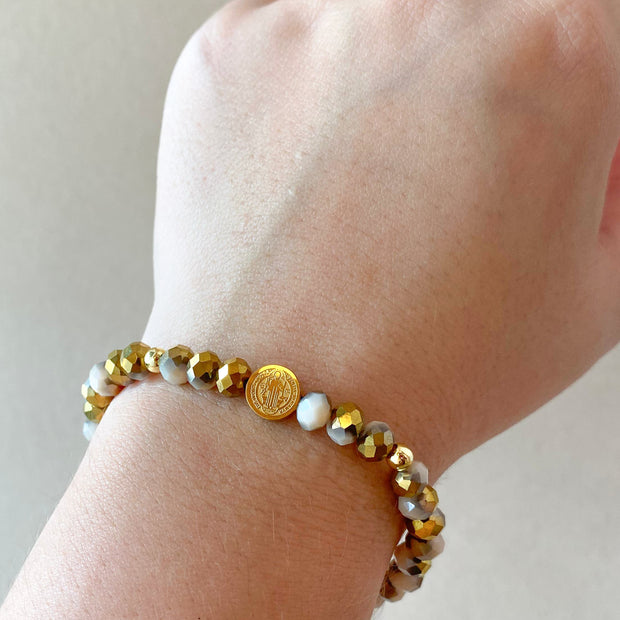 Elastic Crystal Blue, Turquoise and Brown Steel St. Benedict Bracelets