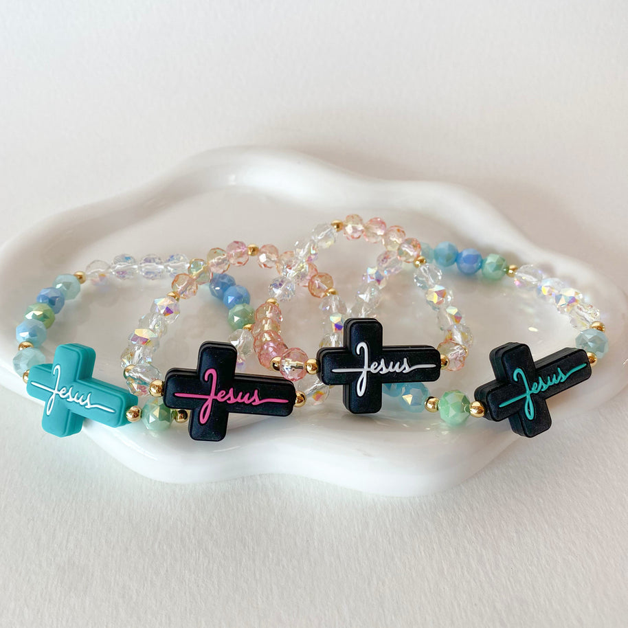Colorful Jesus Cross Crystal Elastic Bracelets