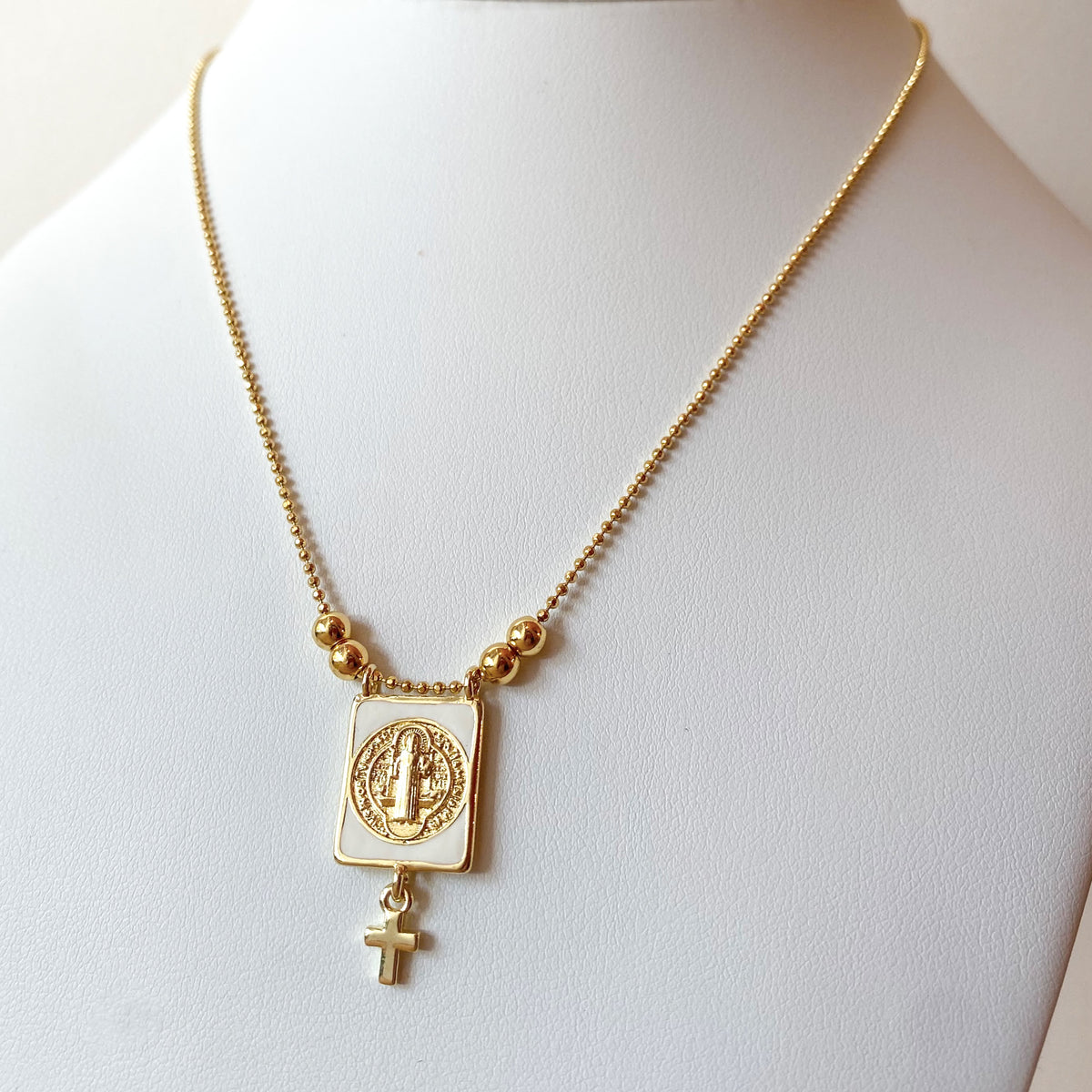 St Benedict Cross White Adjustable Necklace