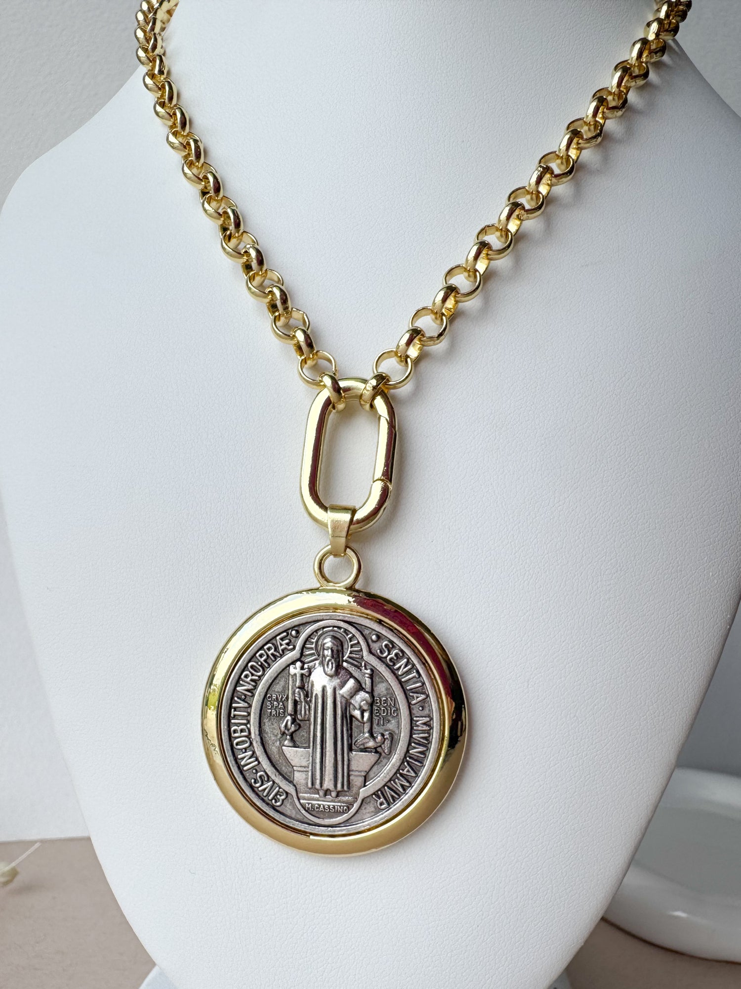 Big Golden Saint Benedict Medal Necklace