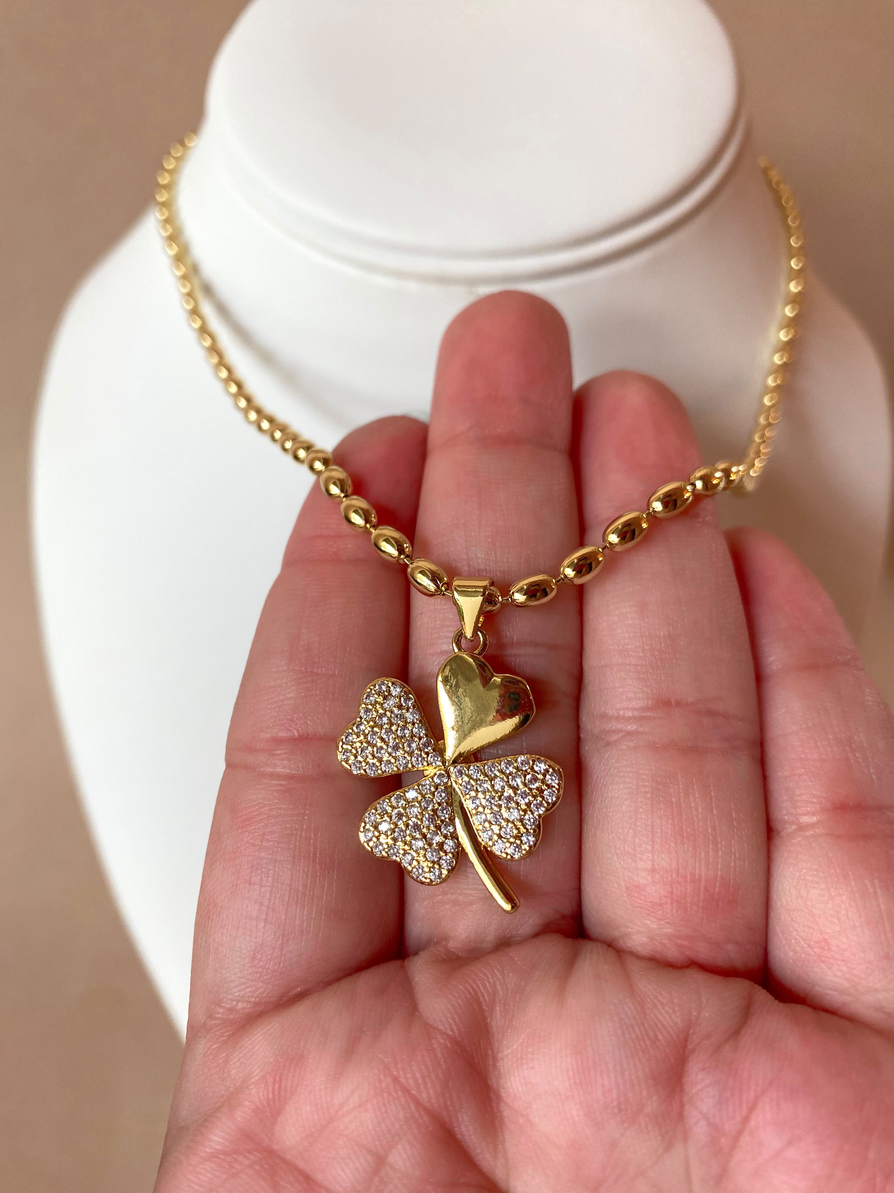 Golden Zircons Medium Clover Flower Necklace