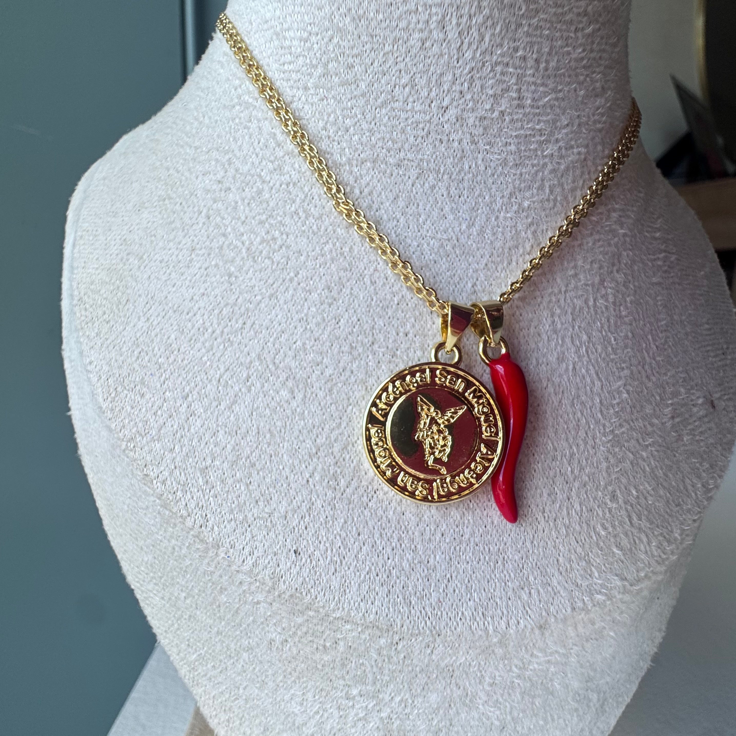 St Miguel Arcangel Medal and Red Horn Chinese Fabric Chain Necklace