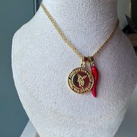 St Miguel Arcangel Medal and Red Horn Chinese Fabric Chain Necklace