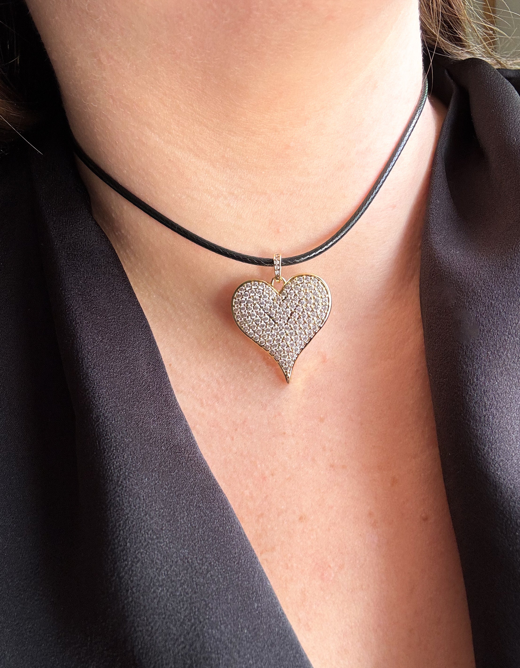 Shiny Hearts Black Leather Necklace