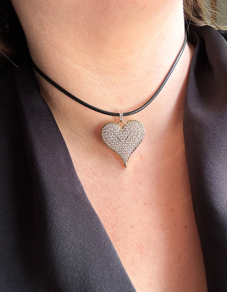 Shiny Hearts Black Leather Necklace