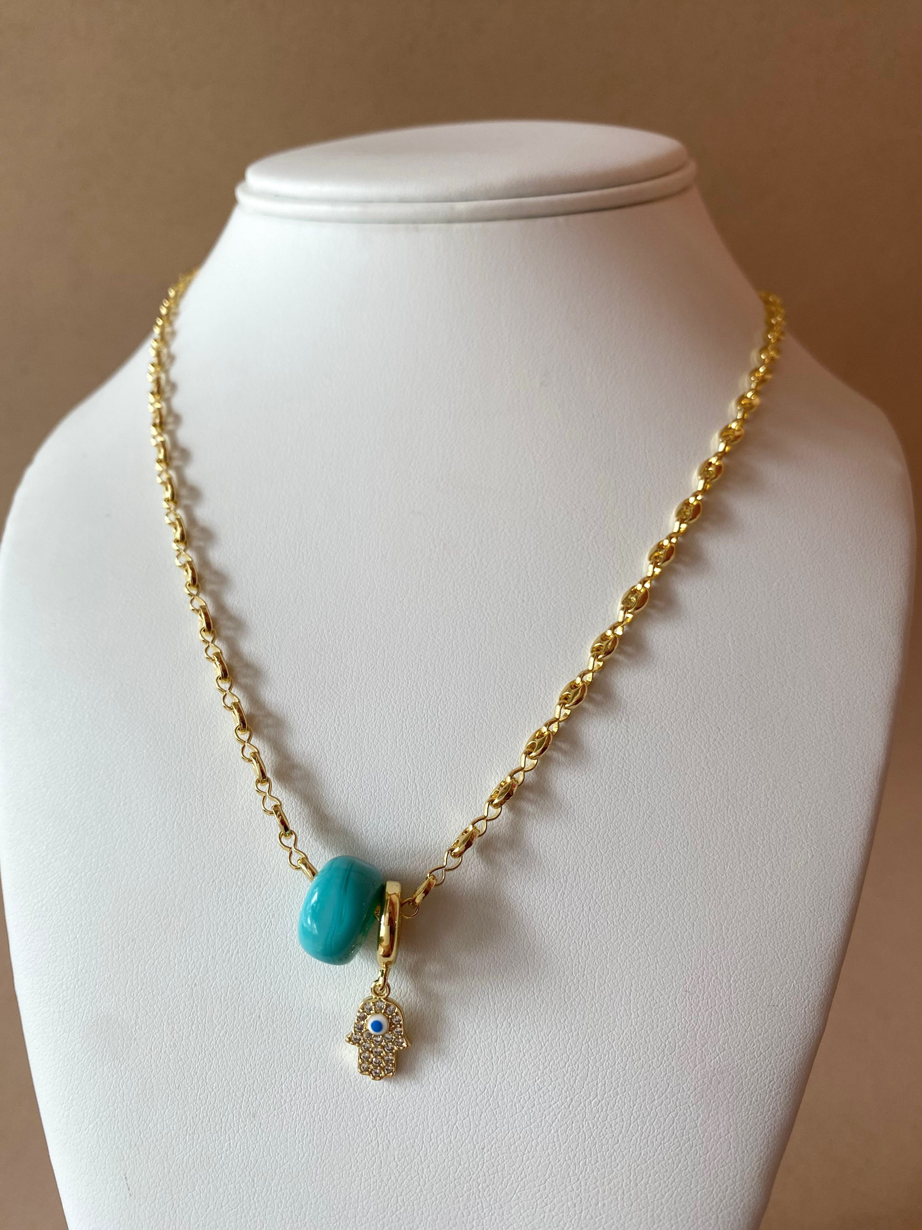 Blue Turkish and Hamsa Evil Eye Charm in Coffee Grain Necklace
