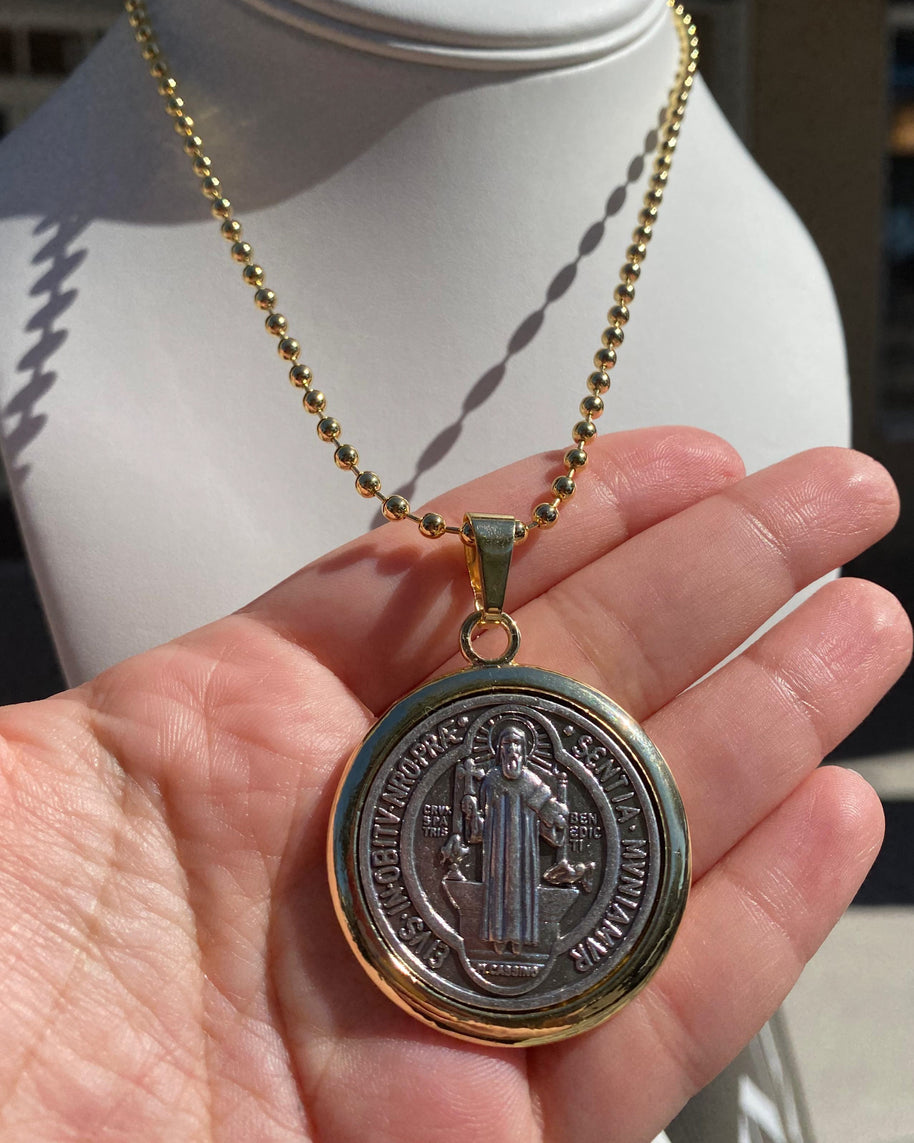 Big St. Benedict Medal 2 Gold Necklace