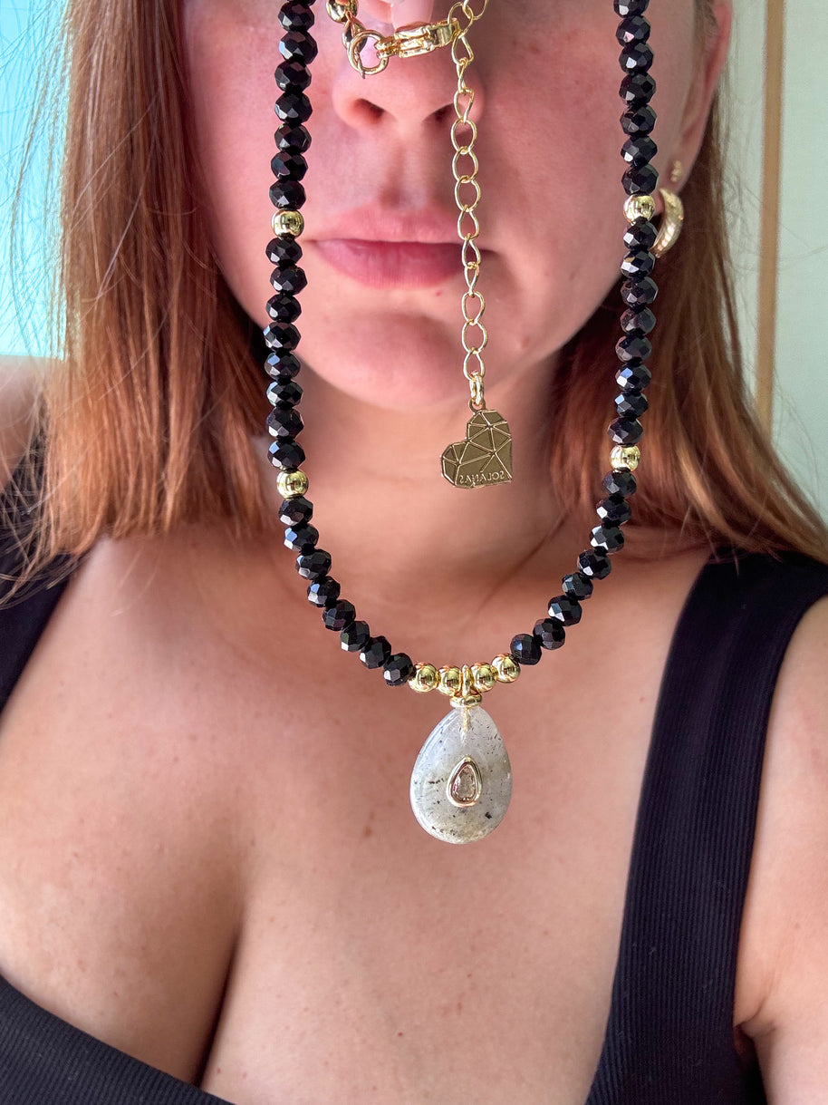 Gray Moonstone Charm in Black Crystal Necklace