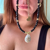 Gray Moonstone Charm in Black Crystal Necklace