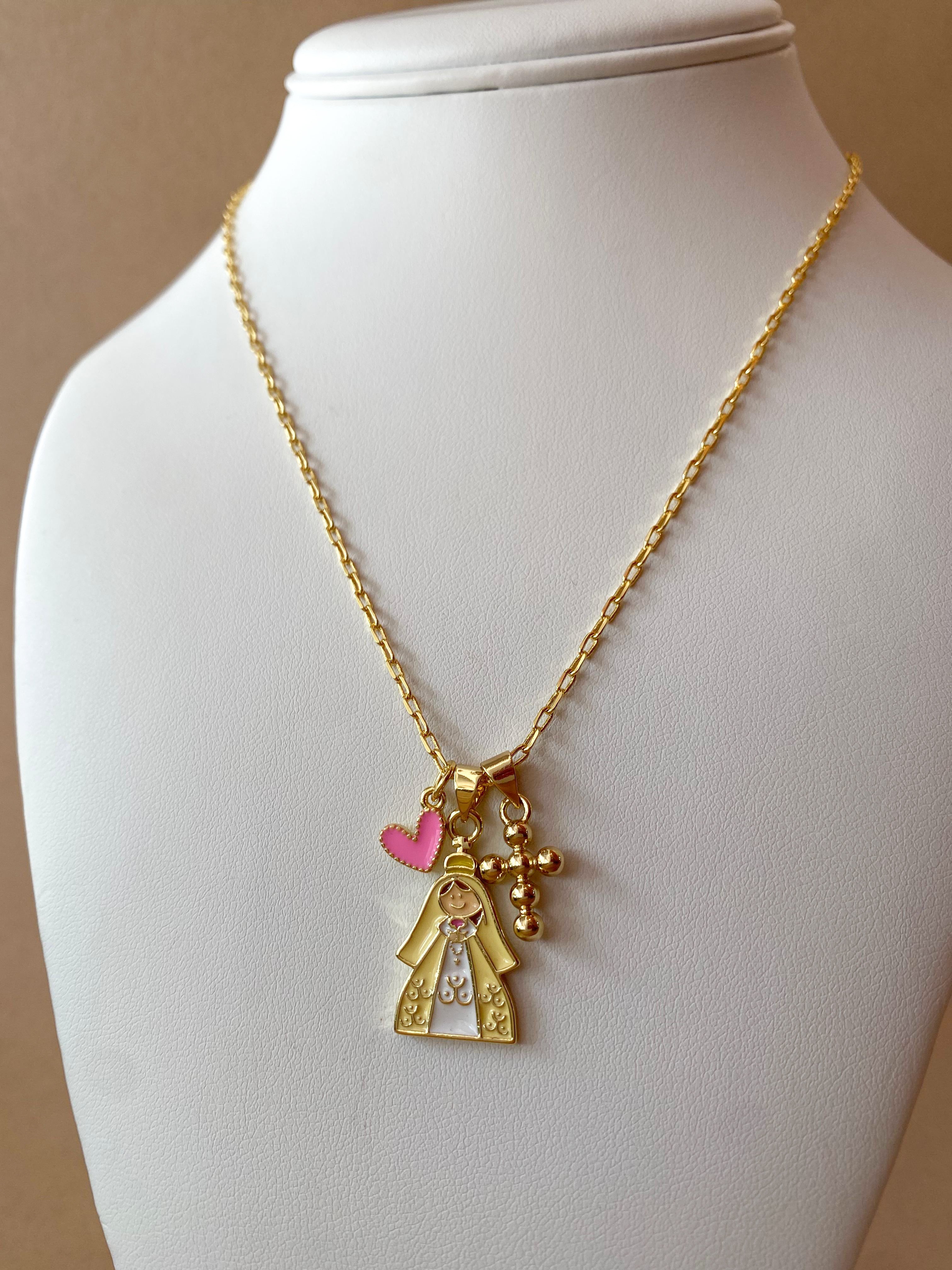 Yellow & Pink Virgin Heart and Cross Necklace
