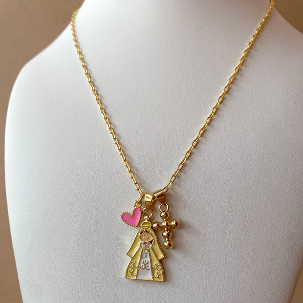 Yellow & Pink Virgin Heart and Cross Necklace