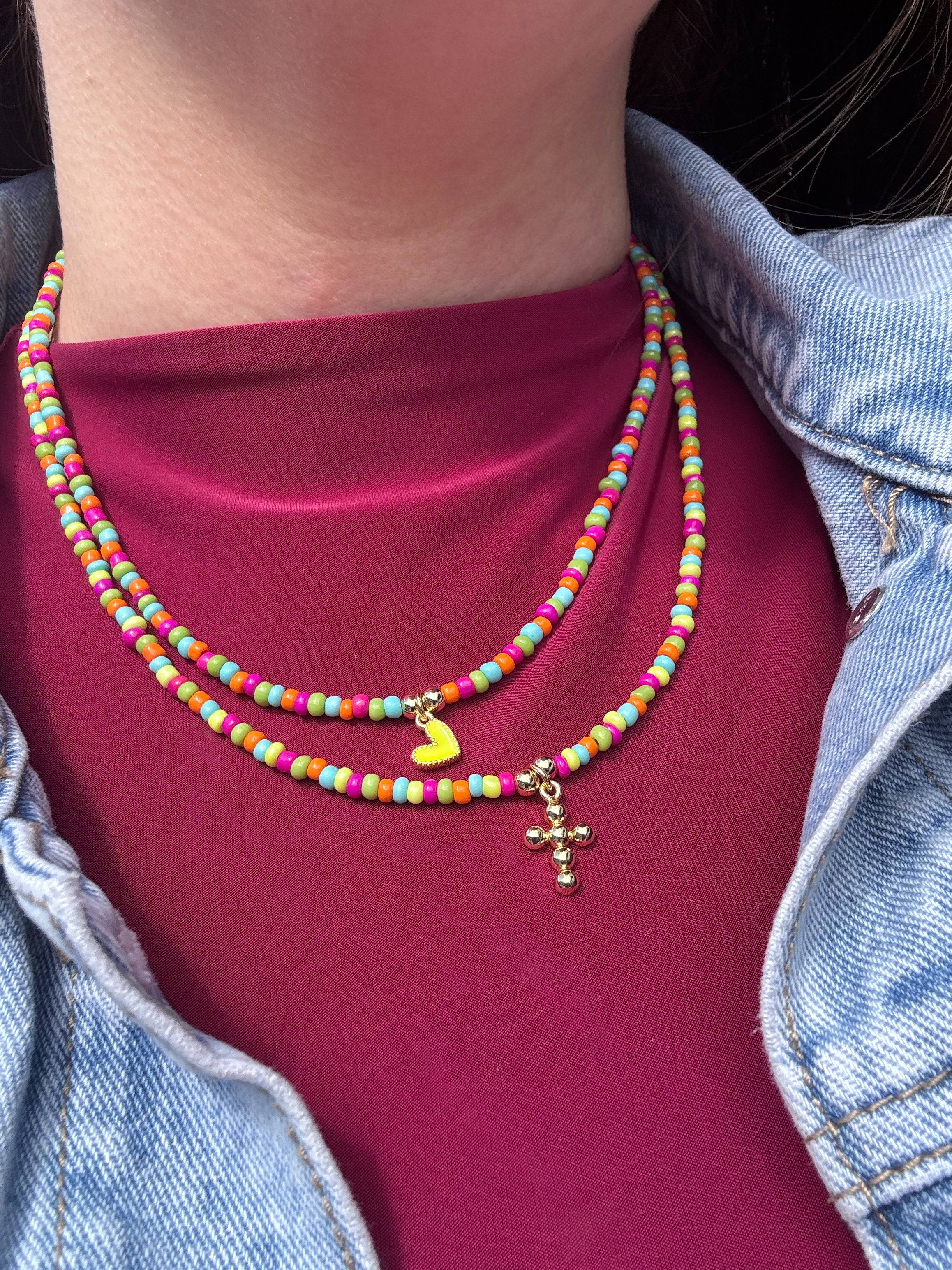 Multicolor Beads Heart & Cross Necklace