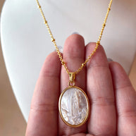 Fatima Virgin Mother of Pearl Oval Medal Necklace
