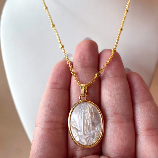 Fatima Virgin Mother of Pearl Oval Medal Necklace
